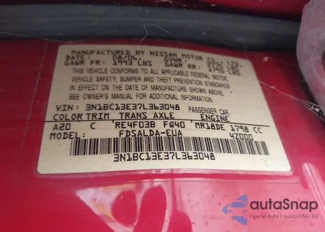 2007 Nissan Versa 1.8S из США, поврежденный, VIN 3N1BC13E37L363048